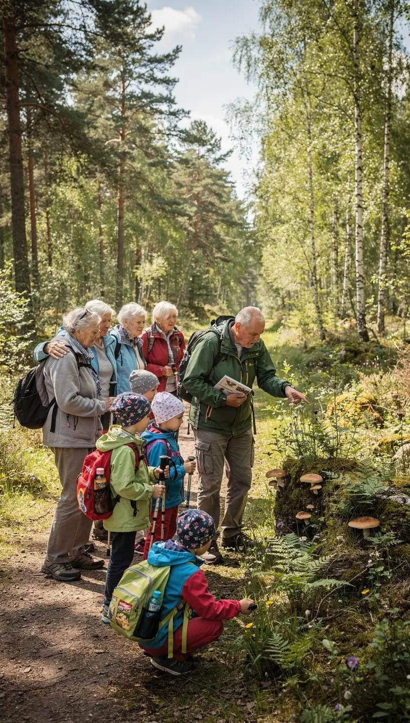 Šeimos poilsis sanatorijoje su vaikais žaidžiant lauke.